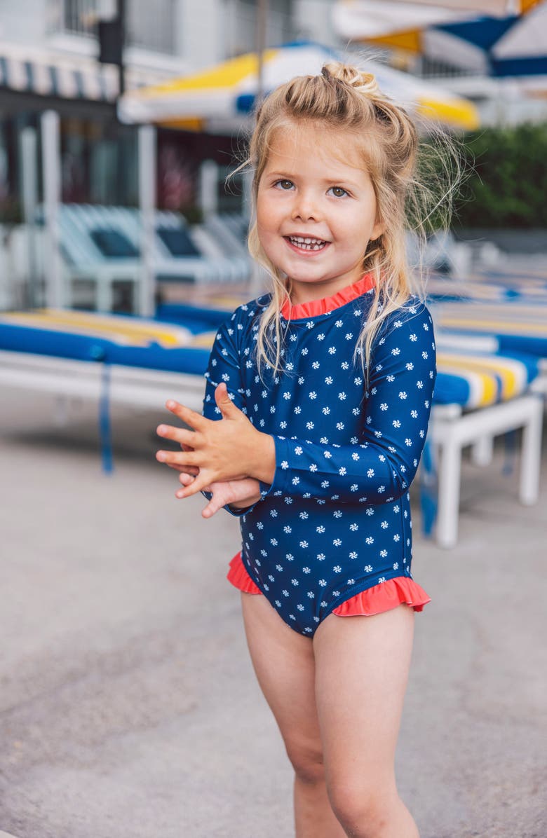 Feather 4 Arrow Frill Chaser One-Piece Rashguard Swimsuit, Alternate, color, 