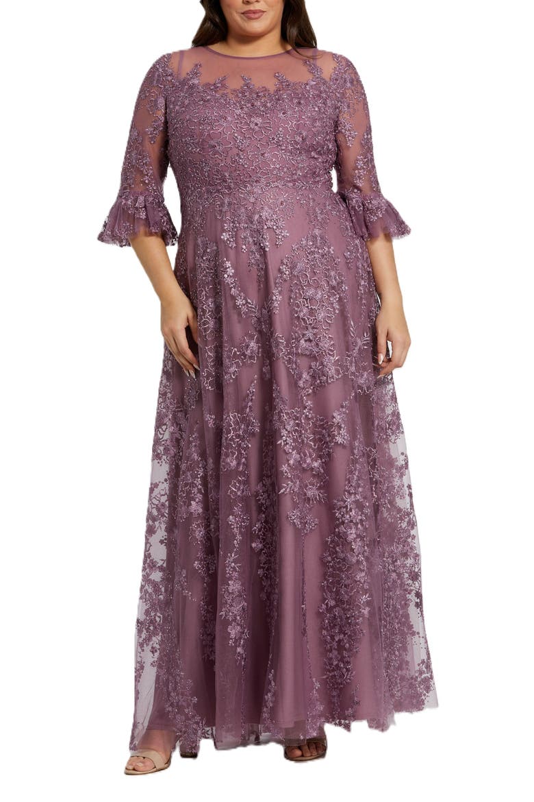High Neck Flutter Sleeve Embroidered A Line Gown, Main, color, Vintage Lilac
