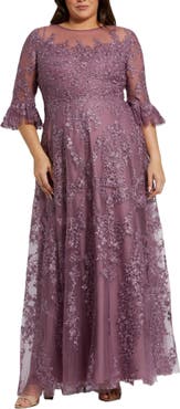 Mac Duggal High Neck Flutter Sleeve Embroidered A Line Gown