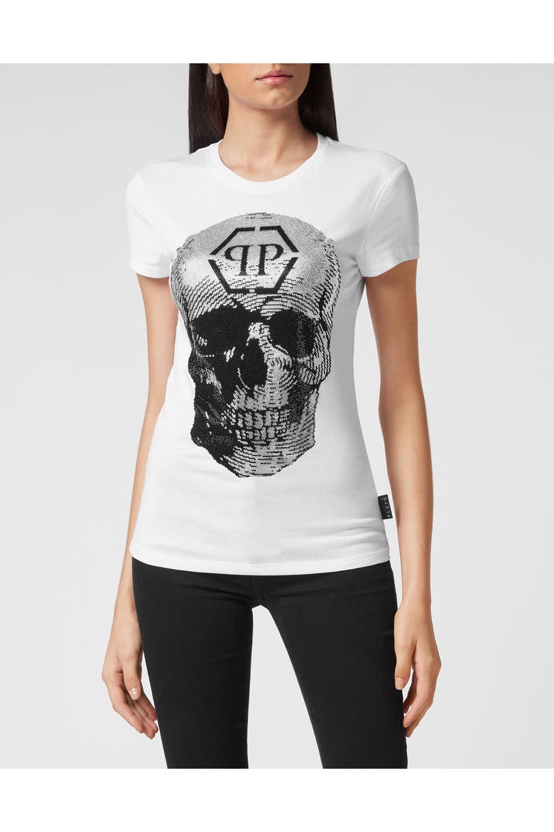 T-Shirt Sexy Pure Fit Skull With Crystals Women, Main, color, white