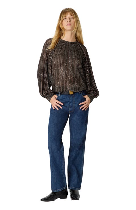 Flared Crew Neck Sweater With Lamé Stripes