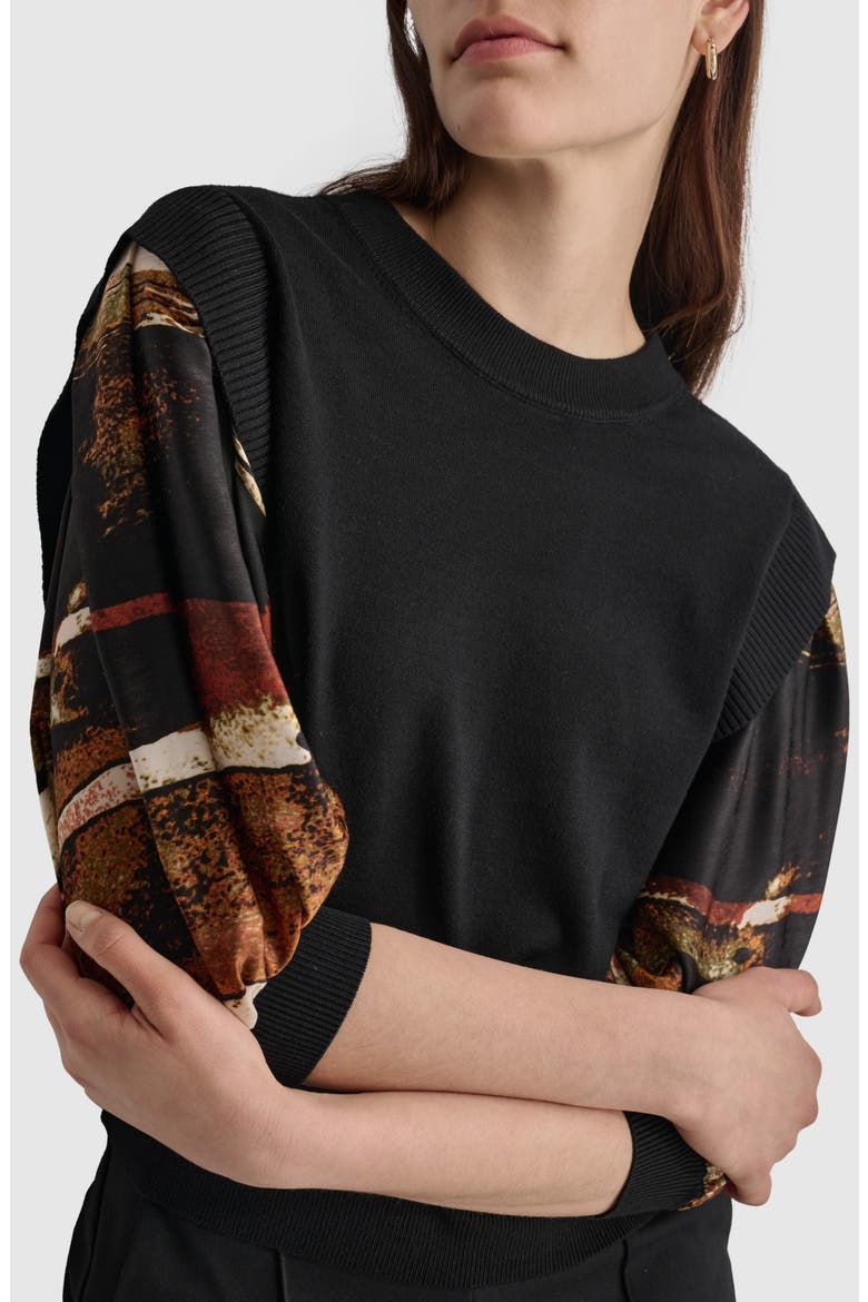 Print Sleeve Mixed Media Sweater, Alternate, color, BLACK/ PAINT STROKE