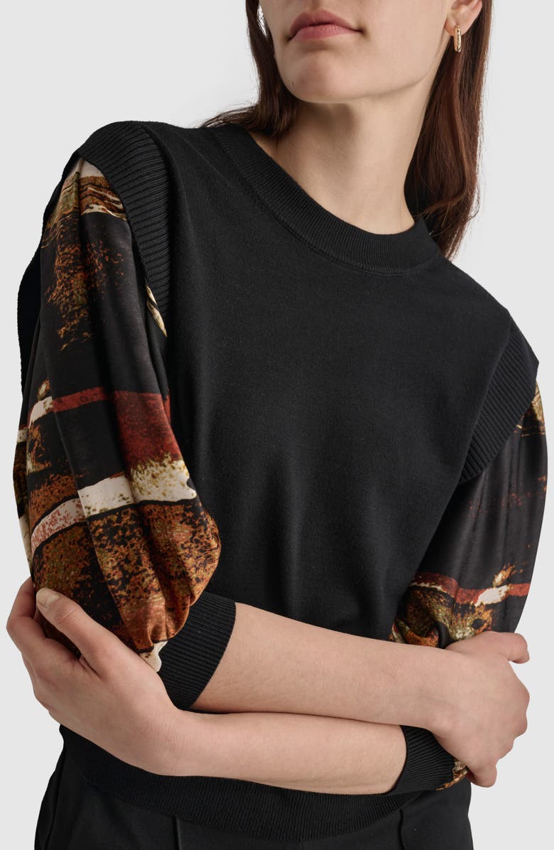 DKNY Print Sleeve Mixed Media Sweater, Alternate, color, Black/ Paint Stroke