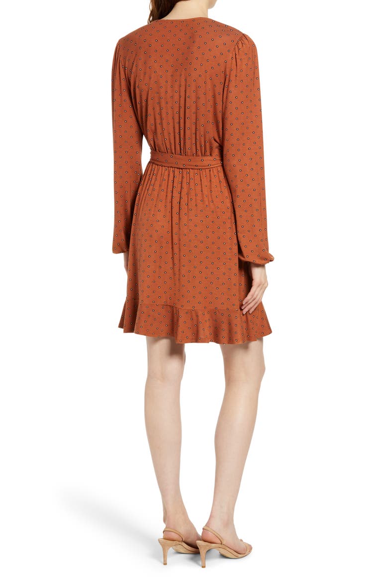 Long Sleeve Wrap Minidress, Alternate, color, BROWN DELILAH FLORAL DOT