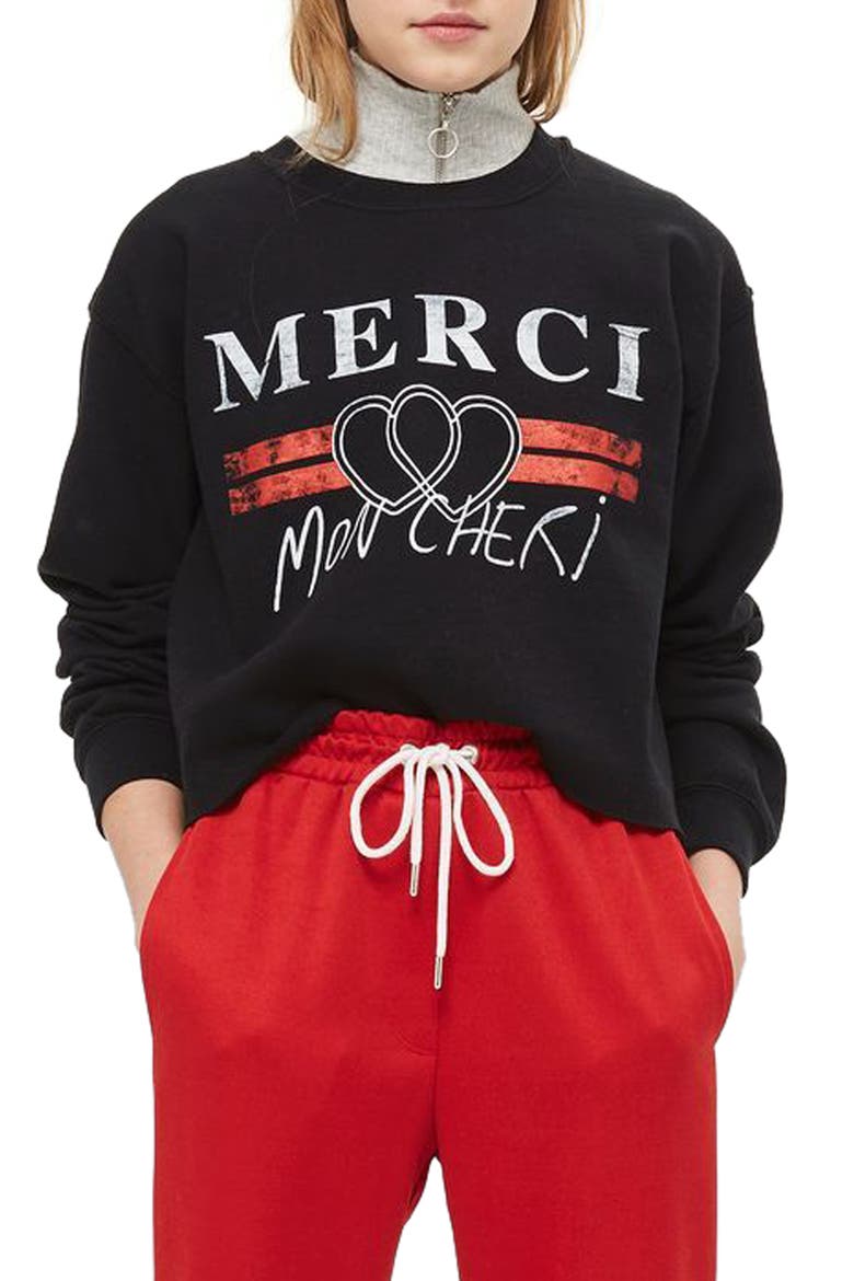 Merci Crop Sweatshirt, Alternate, color, BLACK MULTI