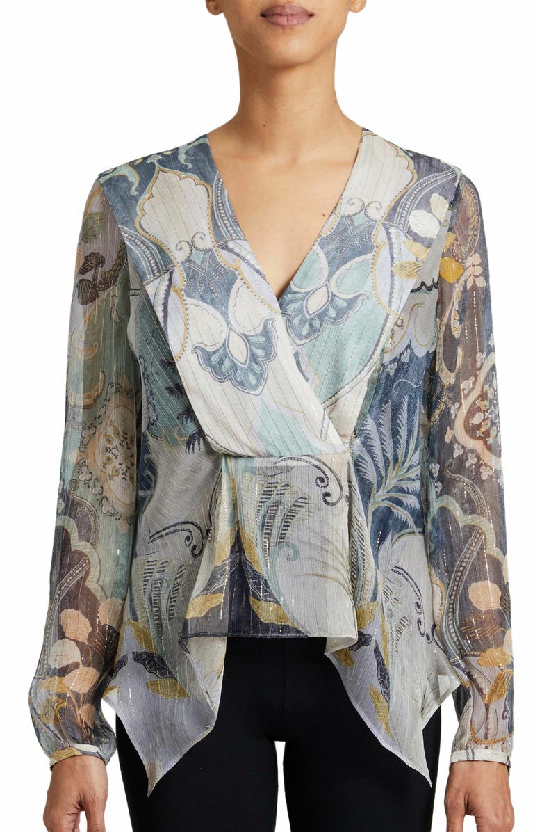 Santorelli MIRANDA Long Sleeve Handkerchief Blouse in Printed Silk Crinkle Chiffon, Main, color, 