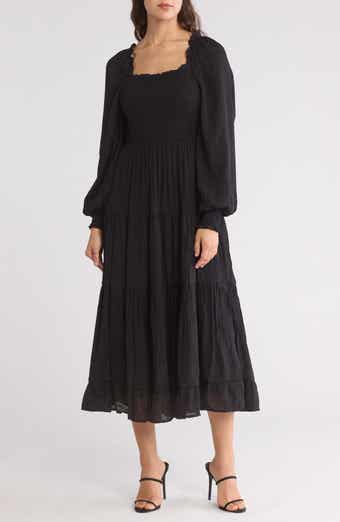 AUGUST SKY Smocked Long Sleeve Tiered Dress