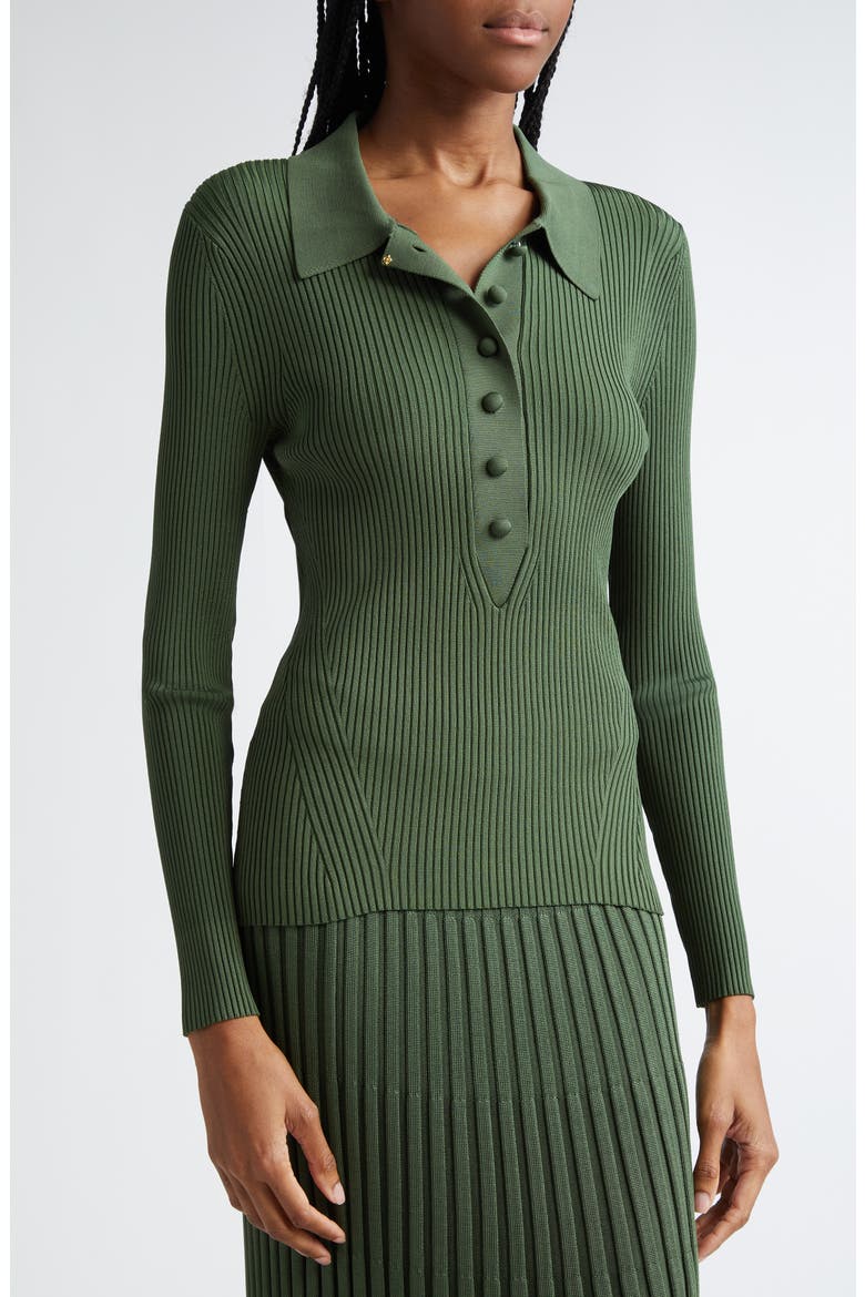 Rib Long Sleeve Polo Sweater, Alternate, color, FOREST