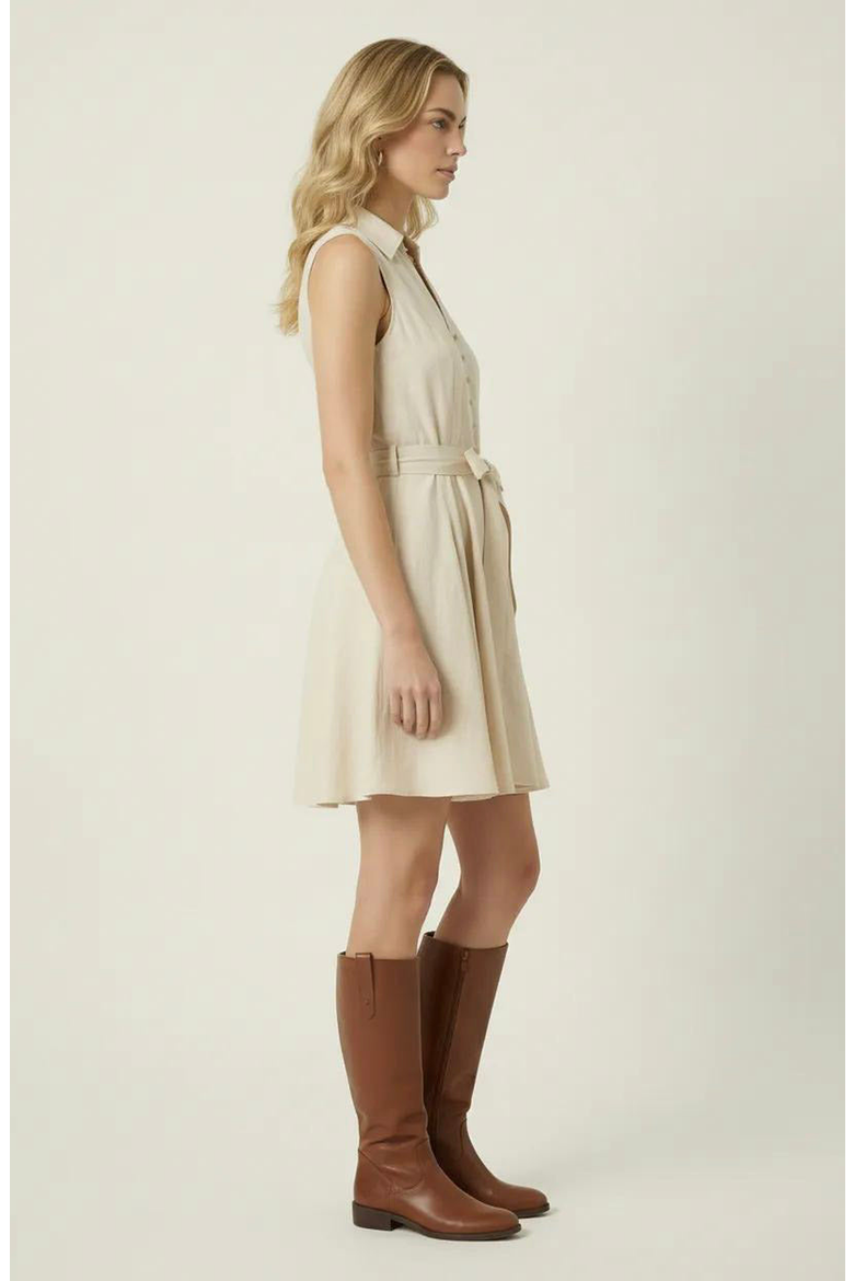 Sleeveless Fit-and-Flare Button-Front Dress, Alternate, color, Beige