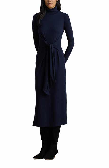 Lauren Ralph Lauren Turtleneck Tie Waist Long Sleeve Rib Cotton Blend Midi Dress