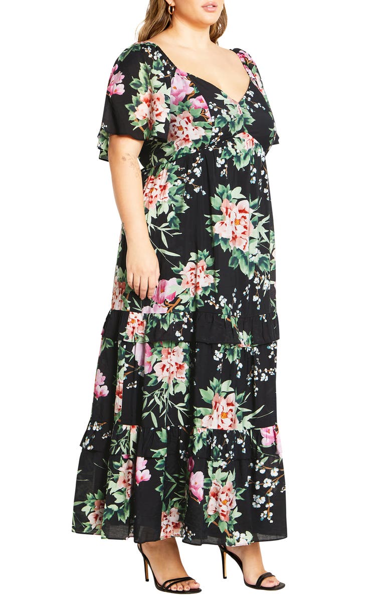 City Chic Marci Tiered Print Maxi Dress, Alternate, color, Blk Sweet Blossom