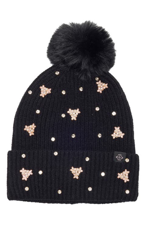 Mixed Metallic Faux Fur Pom Beanie