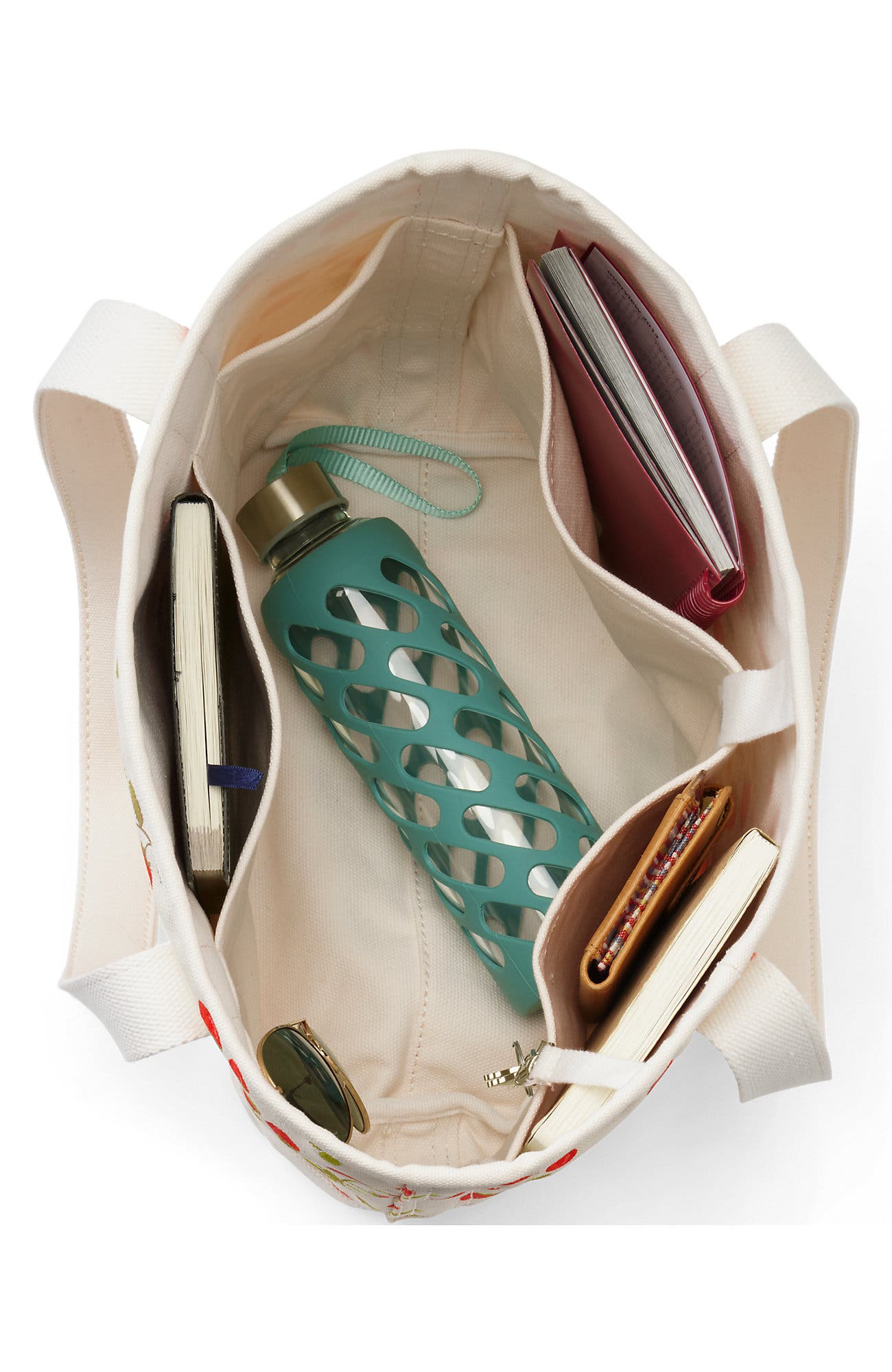 Lands' End Medium Print 5 Pocket Open Top Canvas Tote Bag, Alternate, color, Red Strawberry/Natural