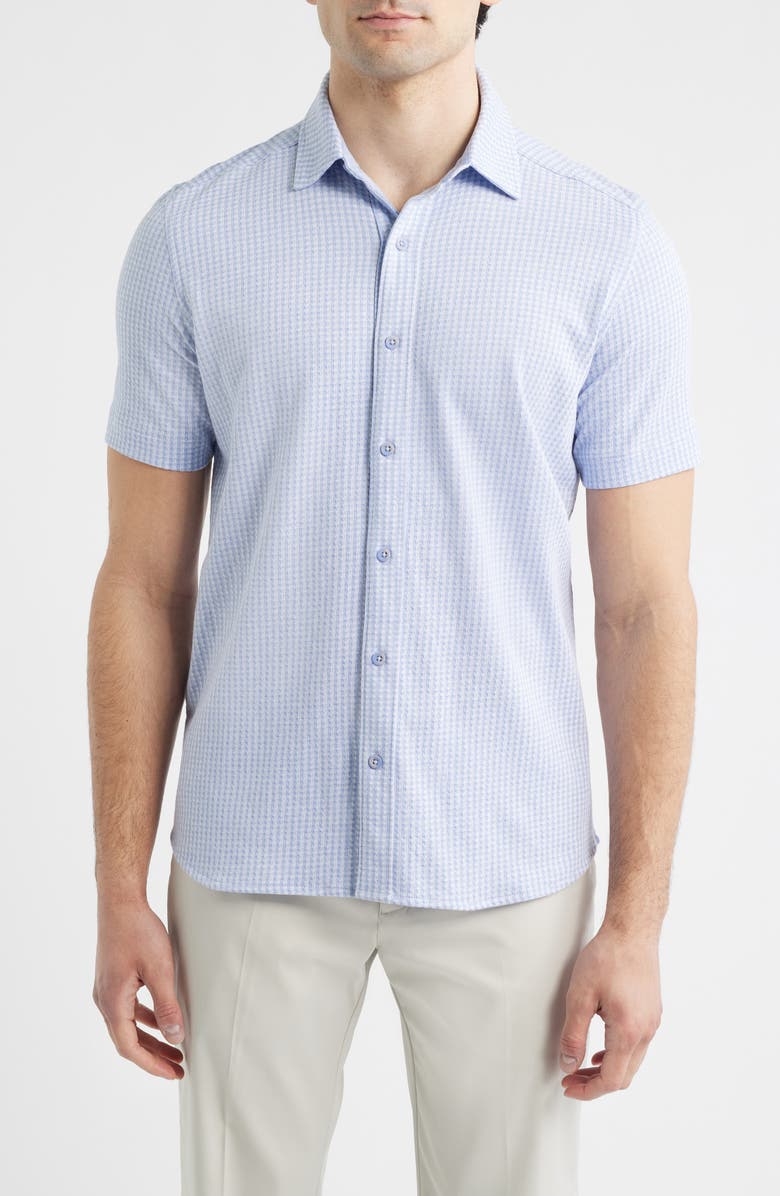 Johnston & Murphy Bennett Gingham Short Sleeve Button-Up Shirt, Main, color, Light Blue Gingham