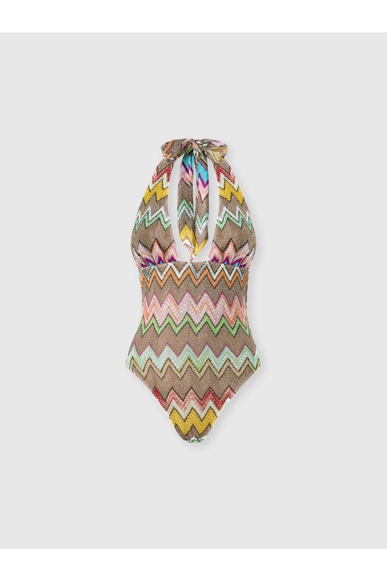 One-piece Swimsuit In Lamé Viscose With Macro Zigzag And Deep Neckline, Main, color, Black & Multicoloured