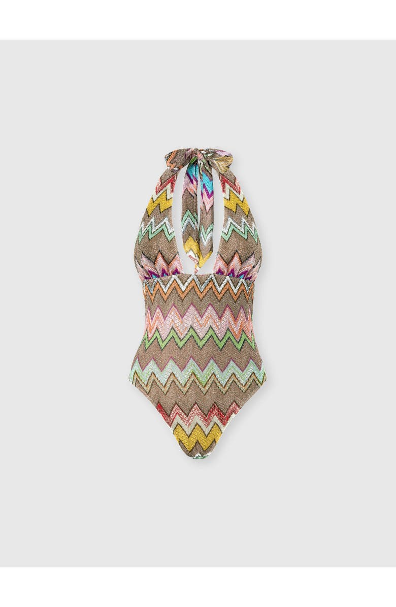 Missoni One-piece Swimsuit In Lamé Viscose With Macro Zigzag And Deep Neckline, Main, color, Black & Multicoloured