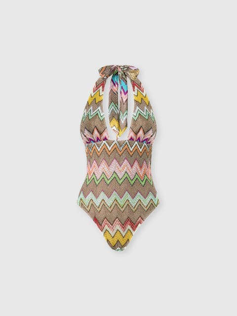 One-piece Swimsuit In Lamé Viscose With Macro Zigzag And Deep Neckline