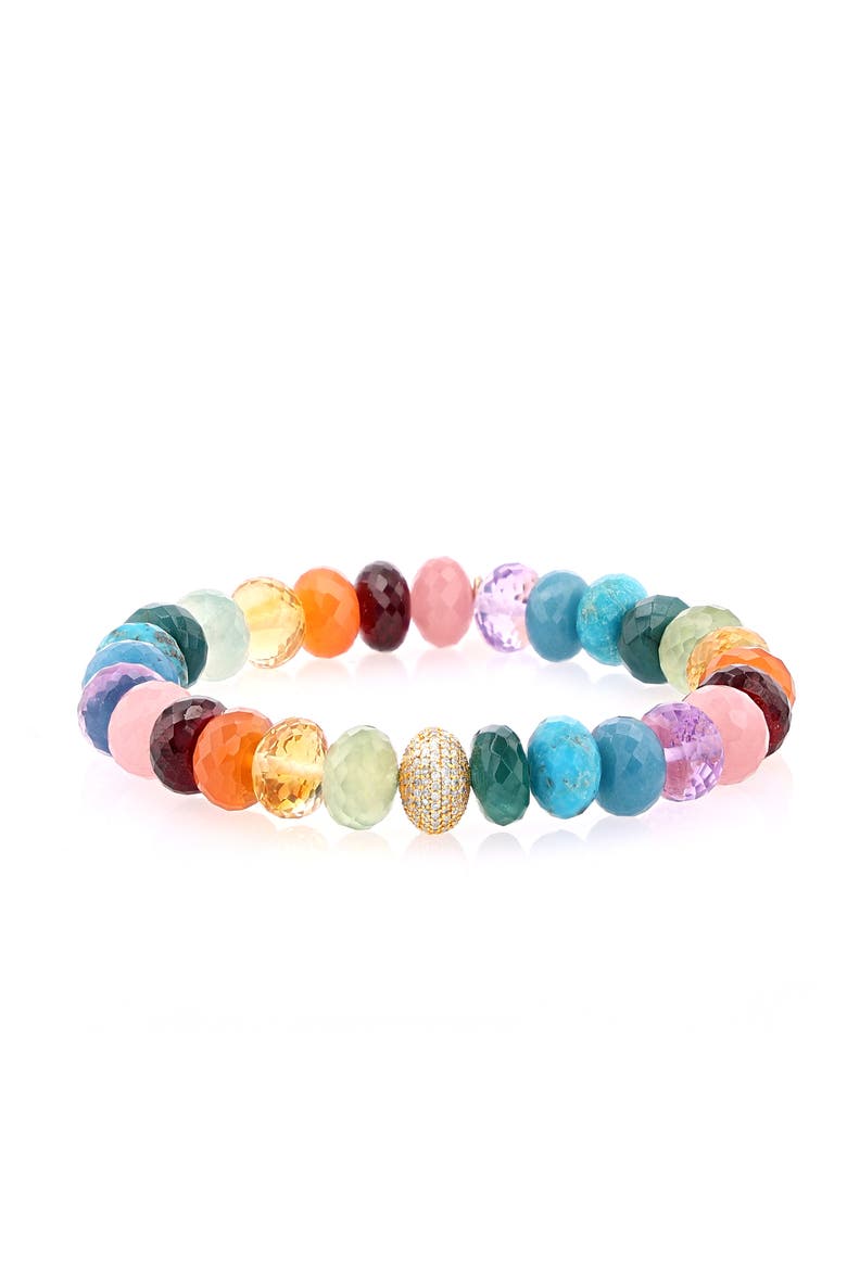 14K Rainbow Mix 10MM Bead Bracelet With Diamond Donut, Main, color, Rainbox Mix / 14kt Yellow Gold
