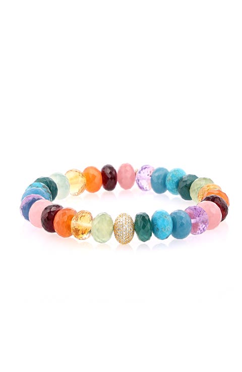 14K Rainbow Mix 10MM Bead Bracelet With Diamond Donut