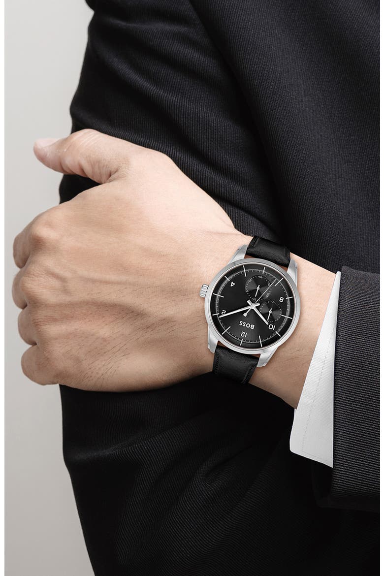 Sophio Multifunction Leather Strap Watch, 42mm, Alternate, color, BLACK DIAL