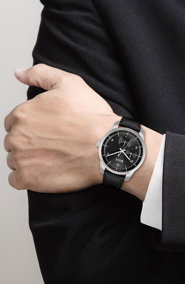 BOSS Sophio Multifunction Leather Strap Watch, 42mm, Alternate, color, Black Dial