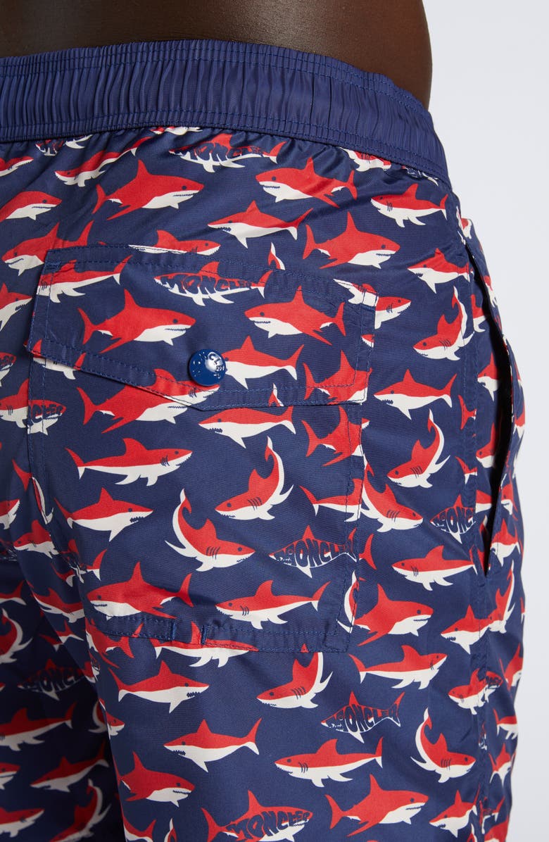 Moncler Shark Print Swim Trunks, Alternate, color, Navy Blue