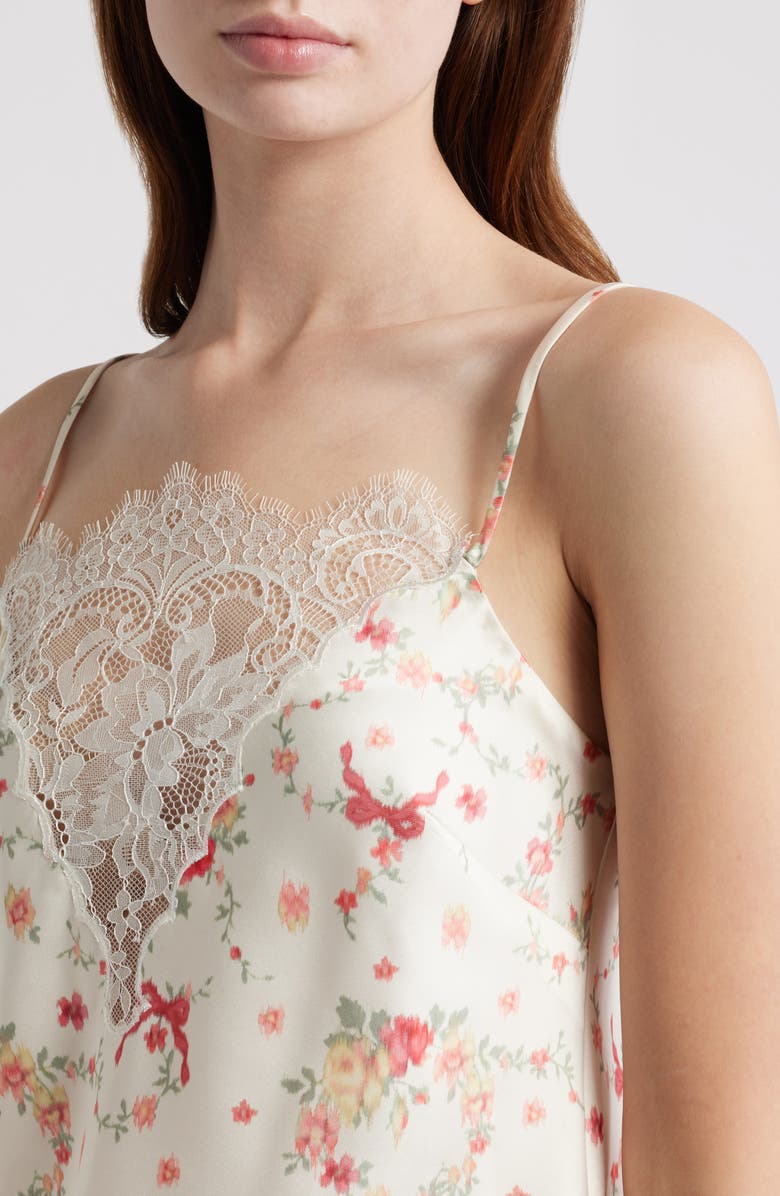 LoveShackFancy Constantina Floral Print Lace Satin Camisole, Alternate, color, Ecru Gardenia
