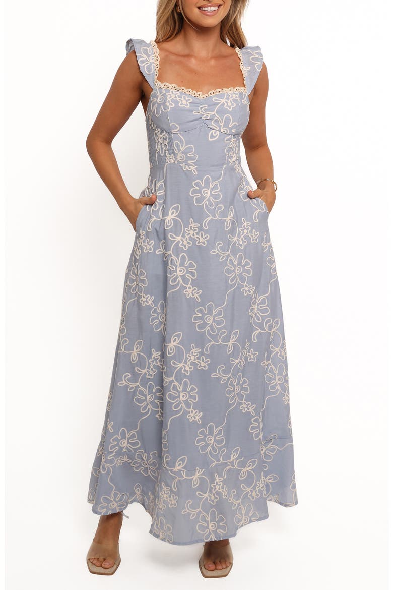 Ellise Lace Trim Soutache Midi Sundress, Main, color, BLUE