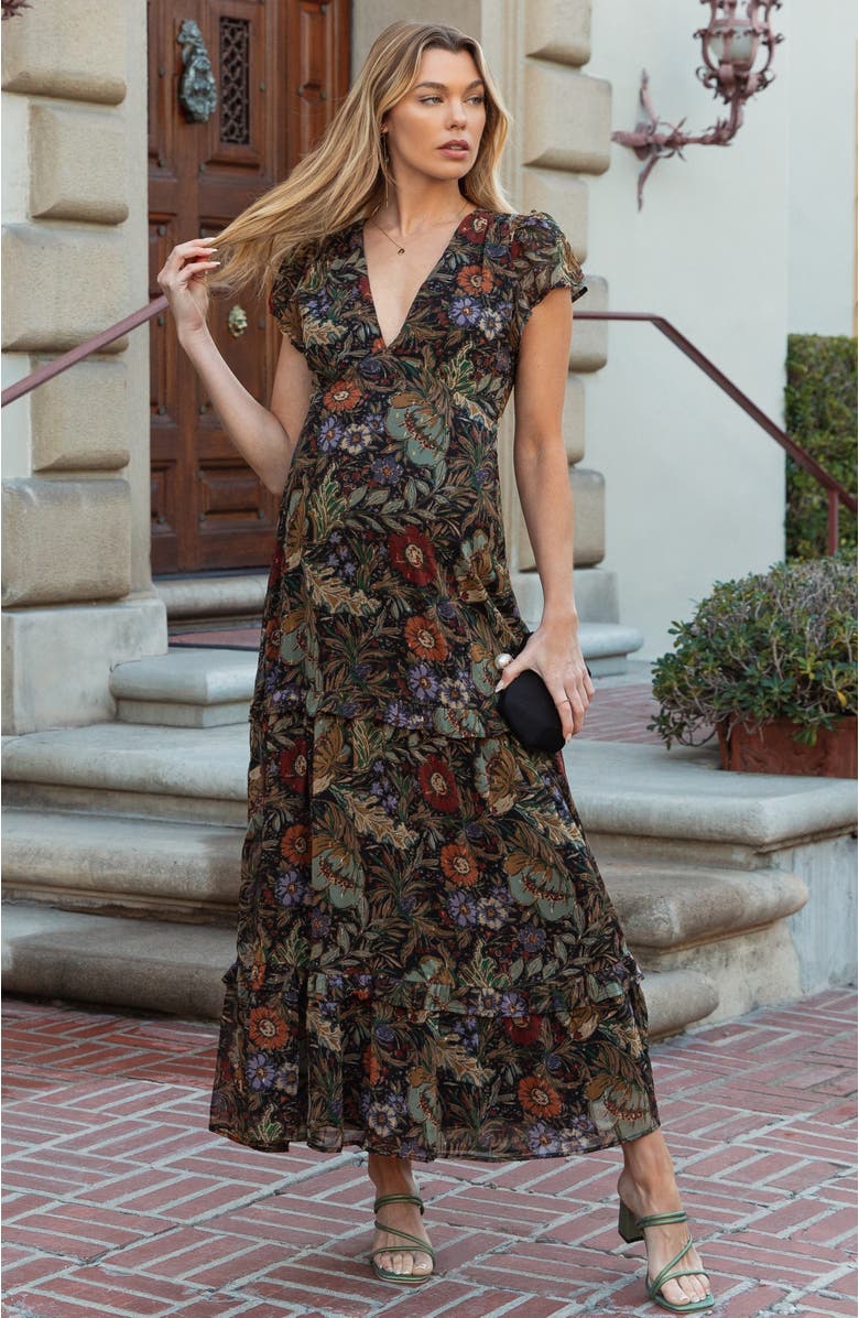 PinkBlush Floral Deep V-Neck Tiered Maxi Dress, Alternate, color, Black