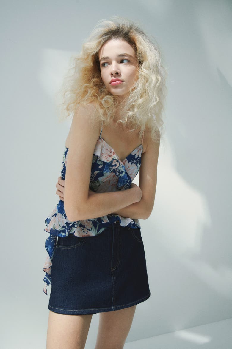 High-waisted Denim Skort, Alternate, color, Dark denim blue