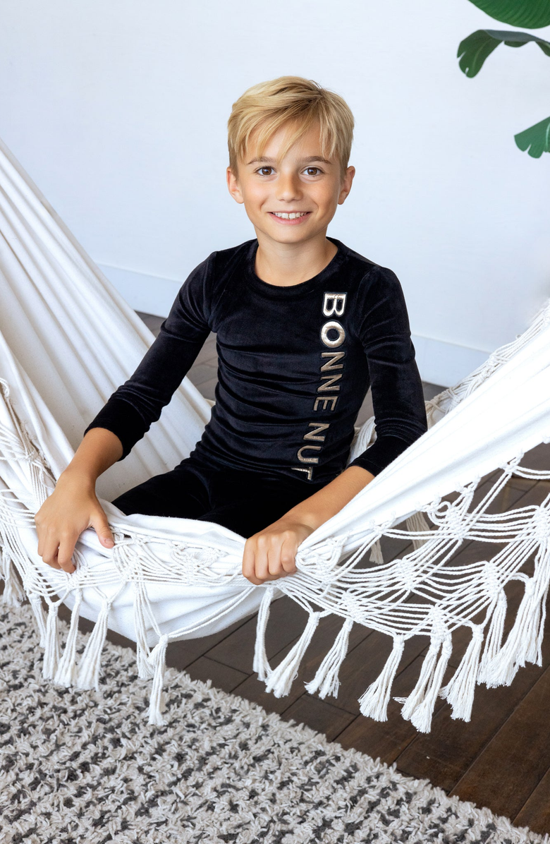 NoggiWear Velour Puffy Letters Footie, Alternate, color, Black