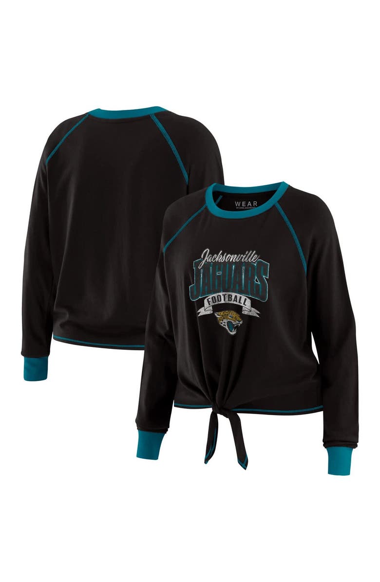 WEAR by Erin Andrews Women's WEAR by Erin Andrews Black/Teal Jacksonville Jaguars Tie-Front Long Sleeve Top, Main, color, Black
