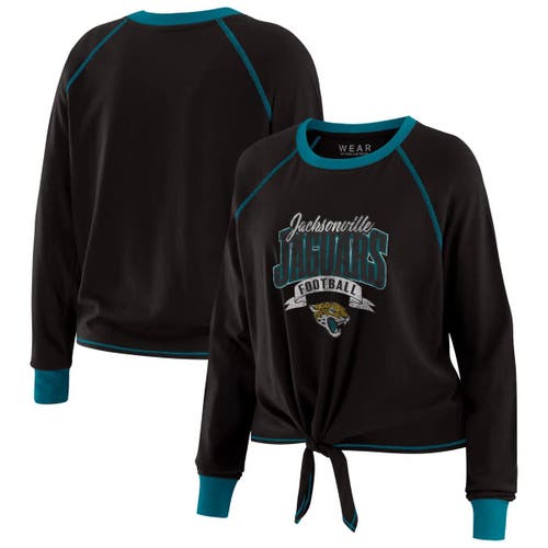Wear By Erin Andrews Women's Black/teal Jacksonville Jaguars Tie-front Long Sleeve Top In Black