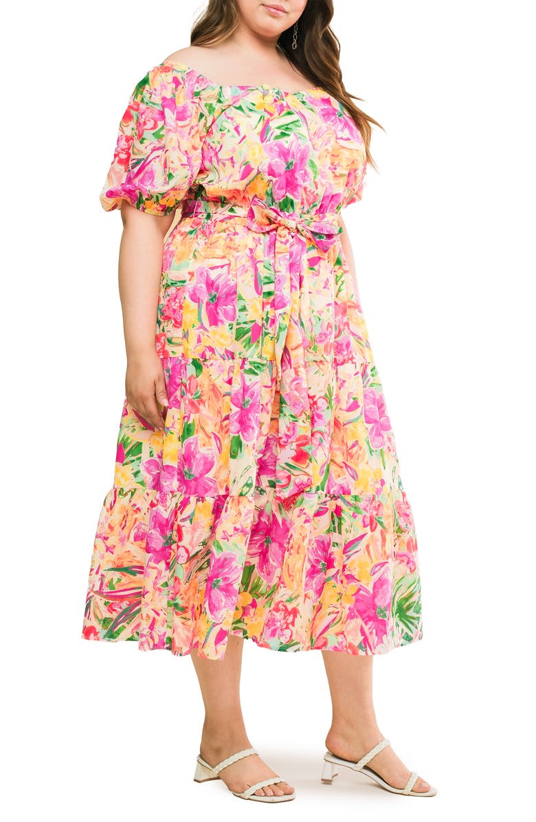 FLYING TOMATO Printed Tie Waist Tiered Maxi Dress, Alternate, color, Ivory Fuchsia