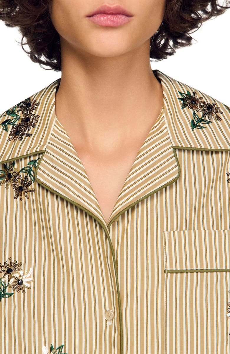 SANDRO Striped shirt, floral embroidery, Alternate, color, Olive Green