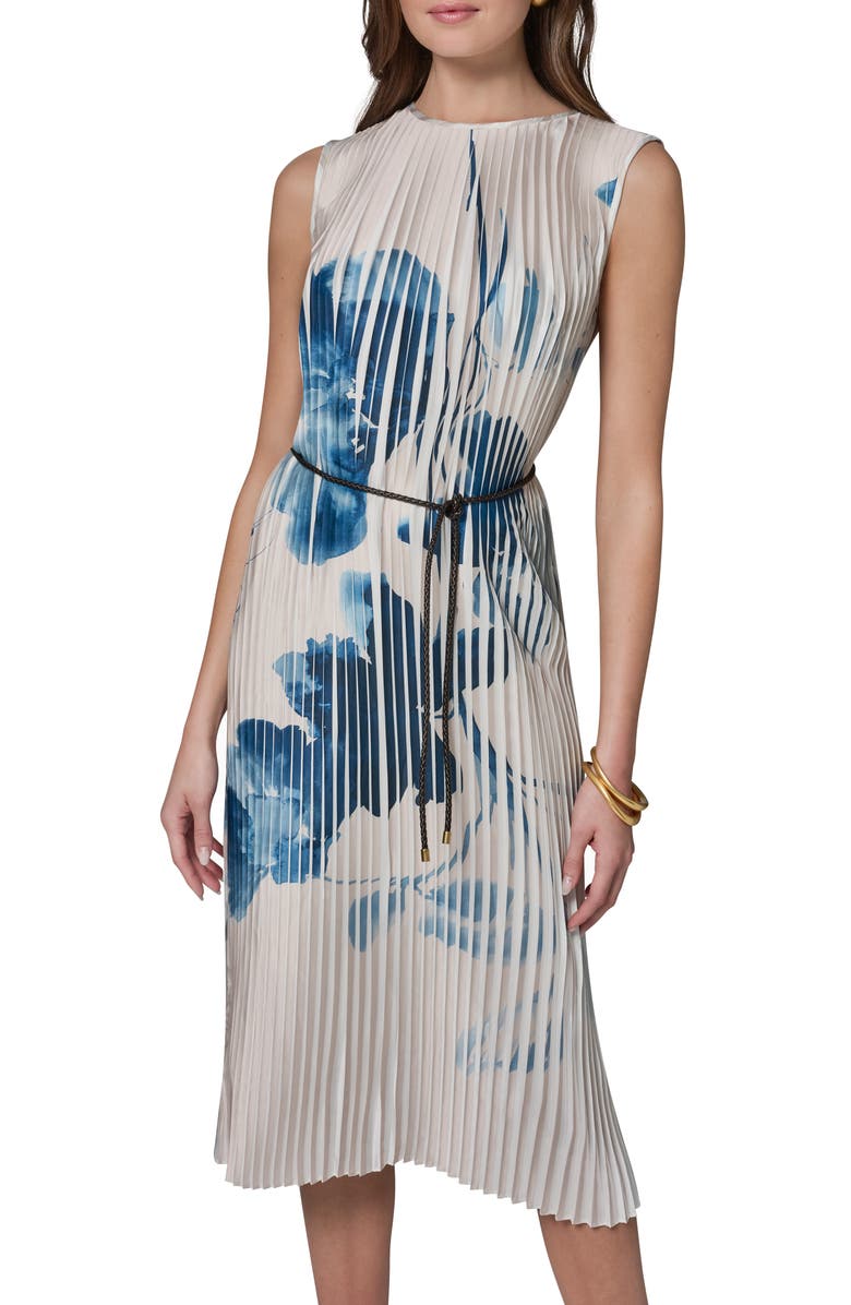 Donna Karan New York Print Pleated Midi Dress, Alternate, color, Vellum/ Nightfall