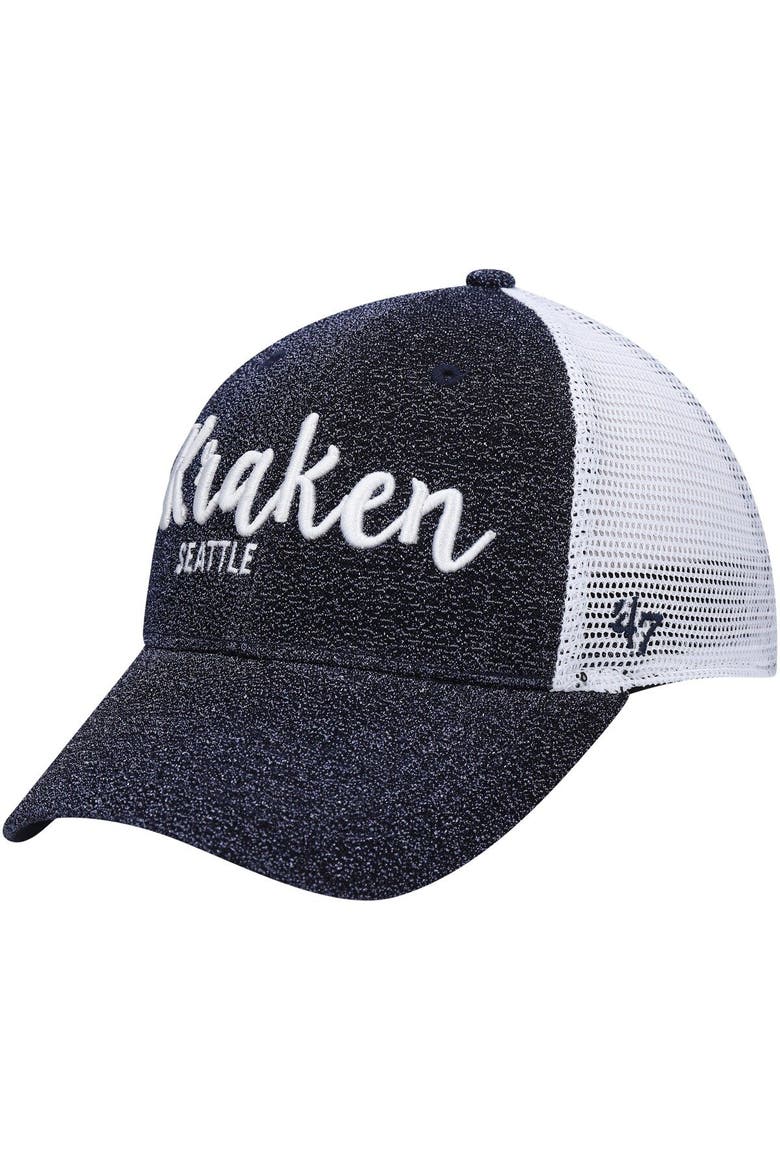 Women's '47 Navy/ Seattle Kraken Encore MVP Trucker Snapback Hat, Main, color, Navy