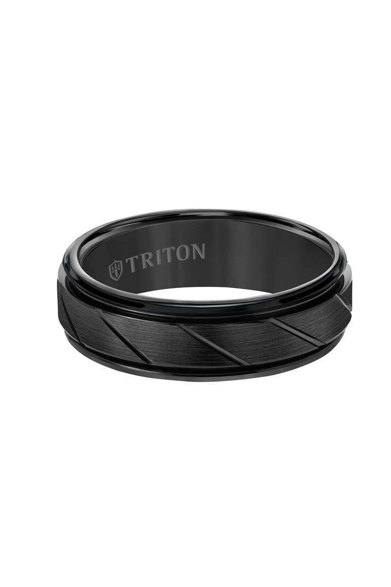 7MM Tungsten Carbide Ring with Diagonal Cut Center and Round Edge, Alternate, color, Black