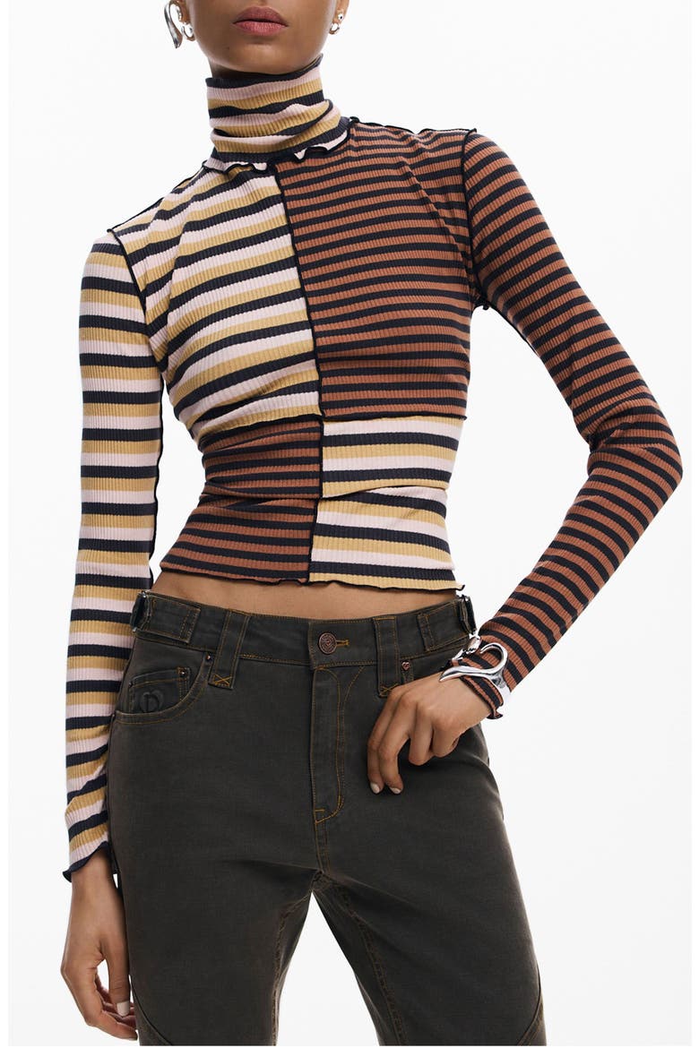 Colorblock Stripe Rib Turtleneck Top, Main, color, BROWN