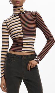 Desigual Colorblock Stripe Rib Turtleneck Top