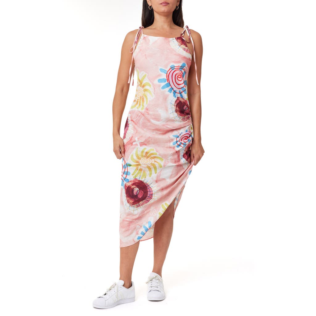 Scotch & Soda Stretch Linen Blend Asymmetric Midi Dress In Abstract Sun Pink