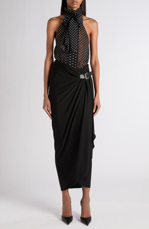 Polka Dot Silk Sable Faux Wrap Skirt