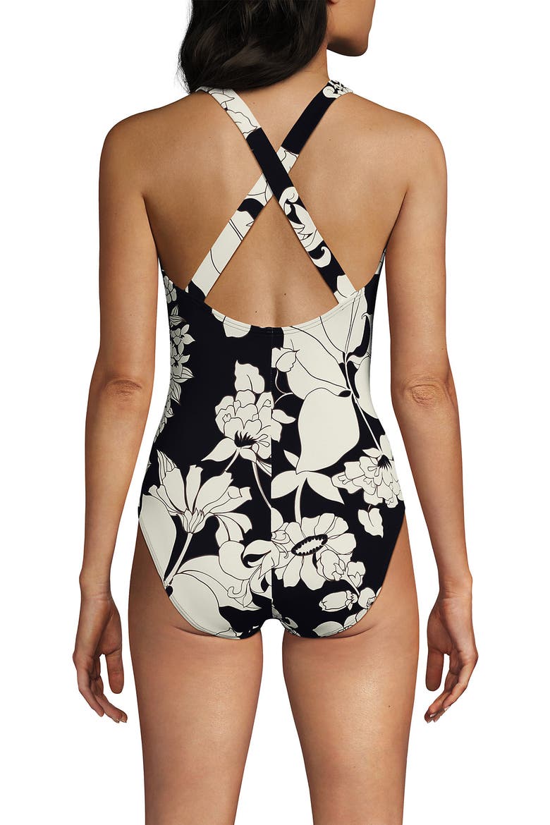 Chlorine Resistant Scoop Neck X-Back High Leg Soft Cup Tugless Sporty One Piece Swimsuit, Alternate, color, Black/Egret Lilies