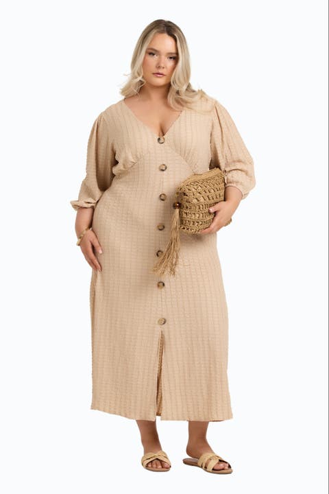 Balloon Sleeve Button Front Midi Dress