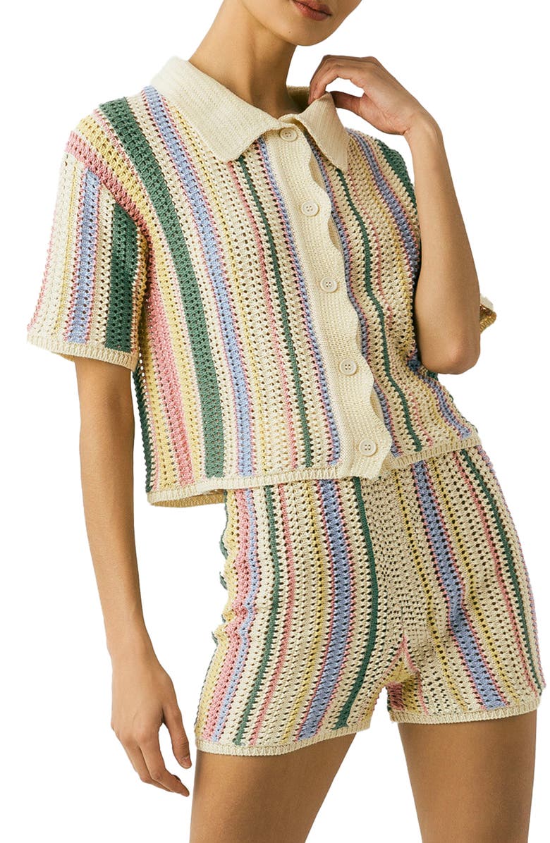 BLANKNYC Stripe Short Sleeve Knit Button-Up Shirt, Main, color, Over The Rainbow