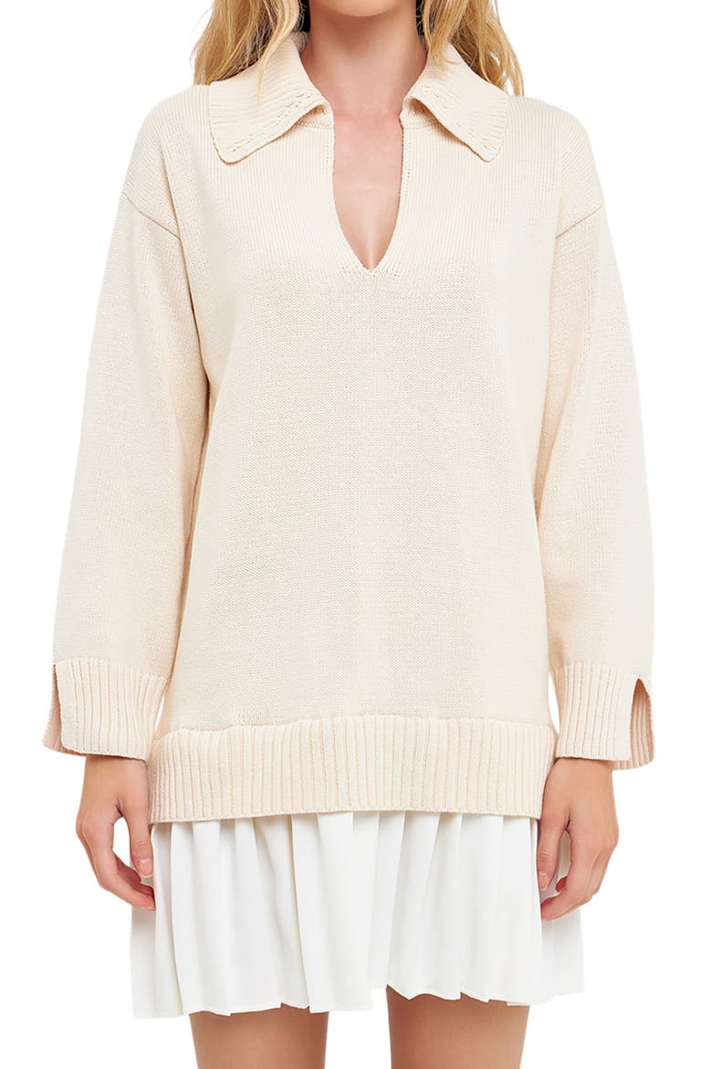 Mixed Media Pleated Minidress, Alternate, color, CREAM