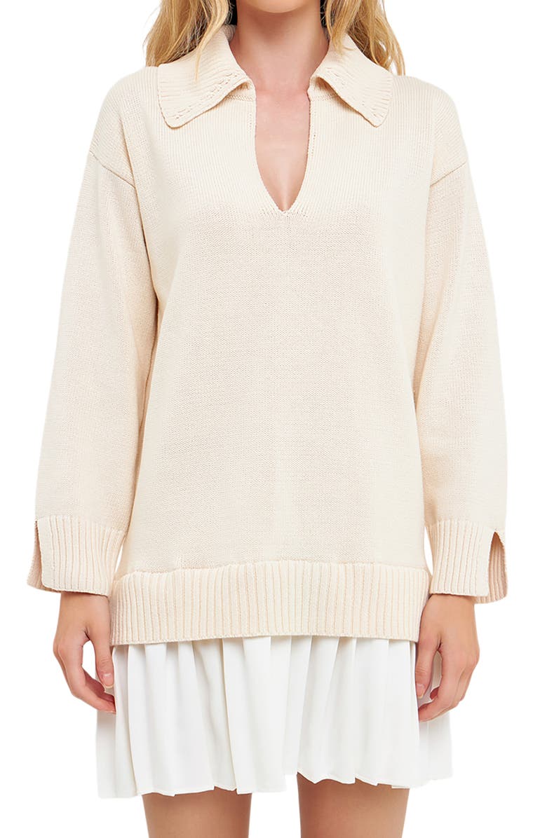 English Factory Mixed Media Pleated Minidress, Alternate, color, Cream