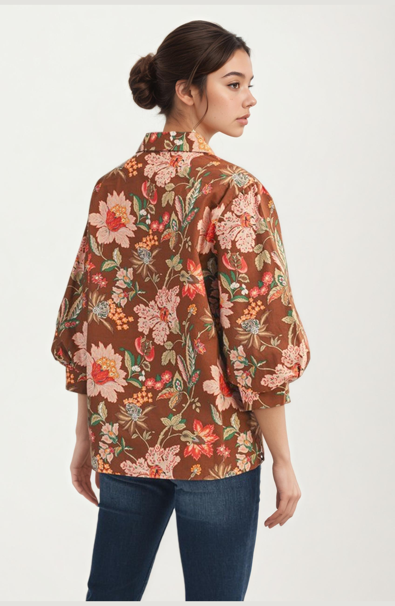 Knit and Lounge Floral Print Button-Up Voluminous-Sleeve Blouse, Alternate, color, 