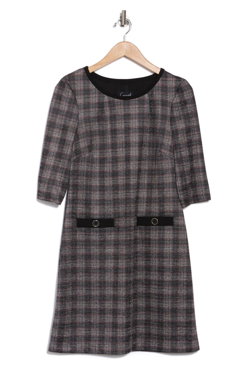 Three Quarter Sleeve Plaid Dress, Alternate, color, BLACK