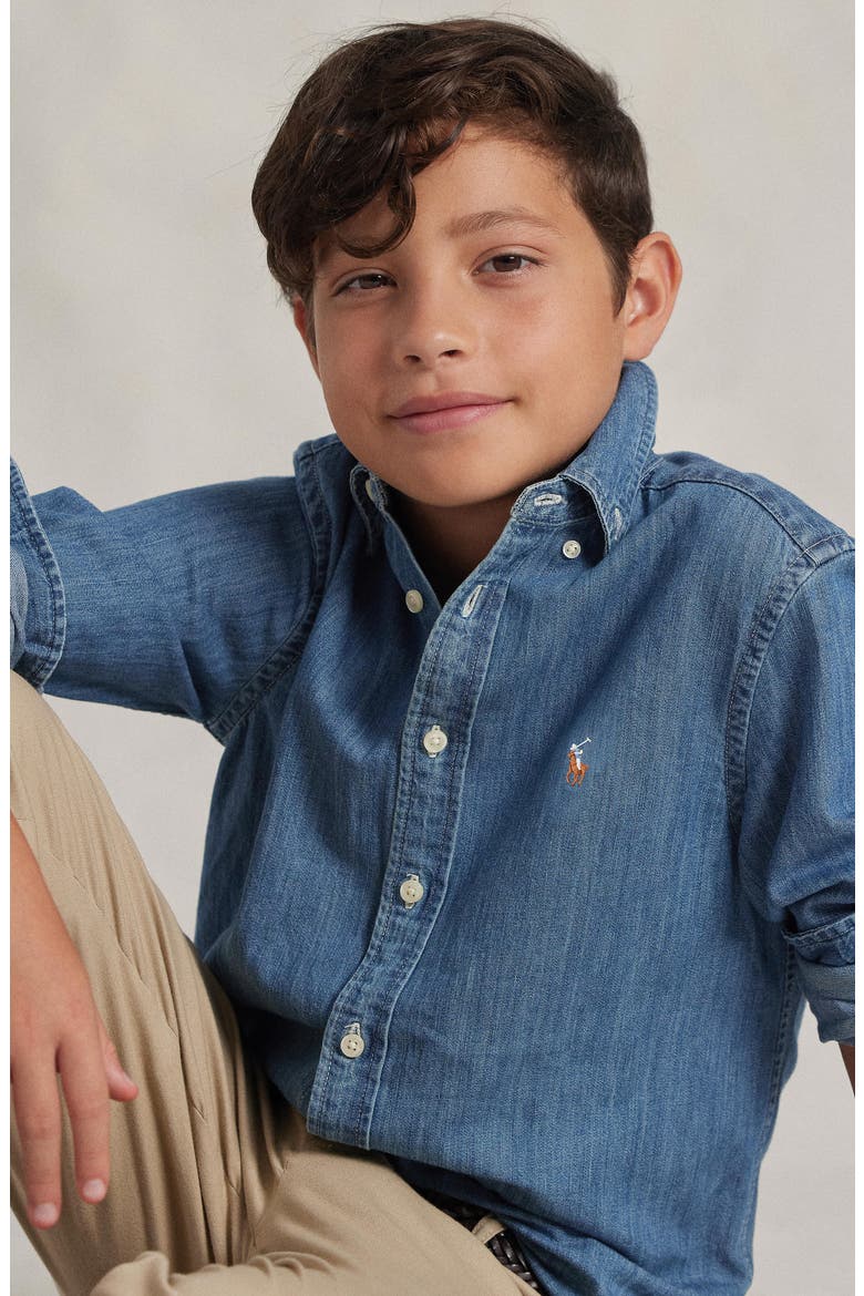Kids' Chambray Cotton Button-Down Shirt, Alternate, color, DARK BLUE